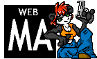 Anthropomorphic Panda Woman sitting down with a gun in her hand, right arm sitting in the middle of a black box
                     that says WEB in small captial letters and MA in huge captial letters